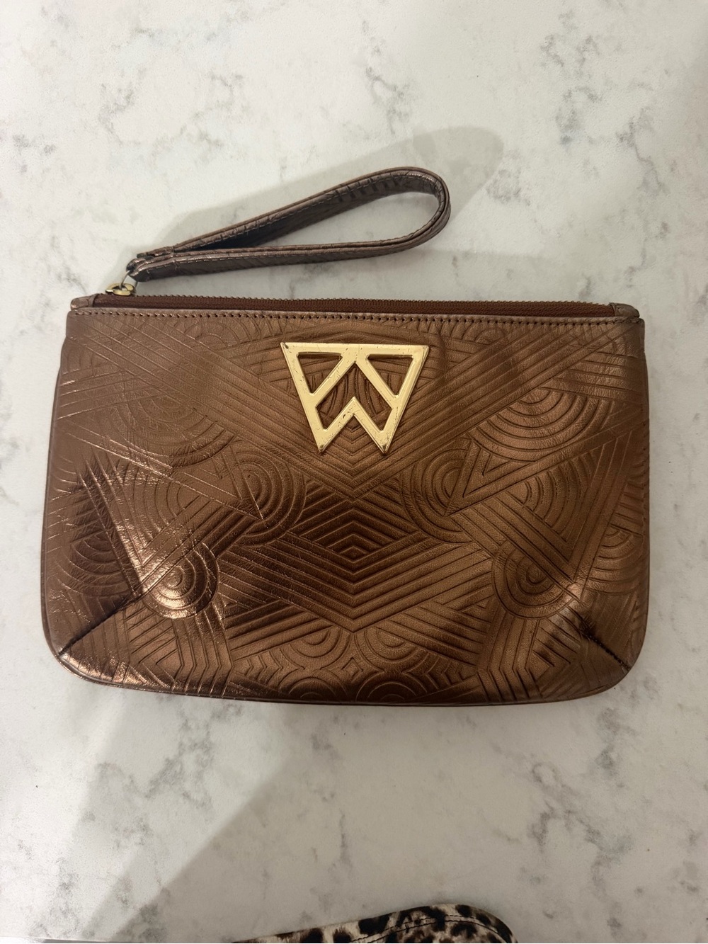 Embossed Bronze Wristlet Clutch with Gold Accent